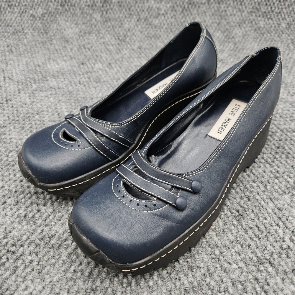 Steve Madden (Women's 7 B) Navy Blue Gily Platform Wedge Mary Jane Shoe Y2K VTG
